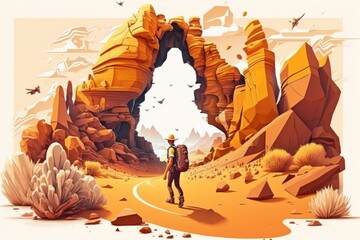 Aufkleber - A Couple Of People Walking Through A Desert Area With Rocks And Plants Canyon Animation Adventure Travel Generative AI 