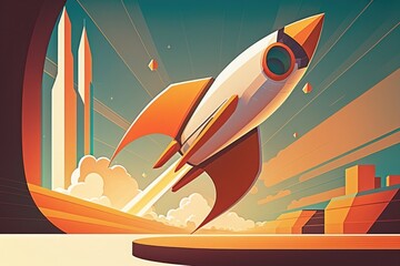 Poster - A Rocket Is Flying Through The Sky Above A City With Skyscrapers Power Plant Animation Start-up Generative AI 