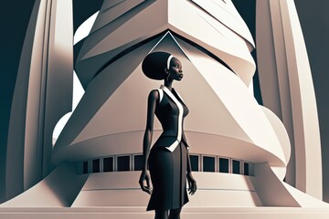 Poster - A Woman Standing In Front Of A Tall Building With A Clock On It Art Deco Building Art Deco Architectural Design Generative AI 