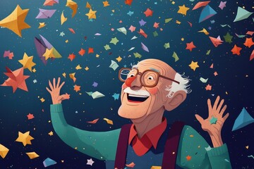 Poster - A Man With Glasses And A Red Shirt Is Surrounded By Stars Amusement Park Advertising Photography Advertising Design Generative AI 