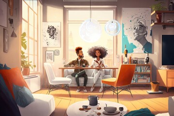 Fototapete - A Couple Sitting At A Table In A Living Room With A Coffee Mug Coffee Shop Photorealism Smart Homes