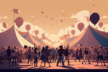 Poster - A Crowd Of People Standing Around Tents With Balloons Flying Above Them Amusement Park Animation Crowdfunding Generative AI 