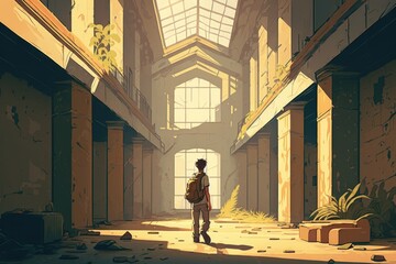 Poster - A Person With A
 Backpack Standing In A Hallway Of A Building Abandoned Warehouse In The Evening Light Animation Adventure Generative AI  generative Ai, generative, AI, 