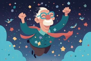Poster - a cartoon of a man with glasses and a beard is flying through the air suburban cul-de-sac animation 