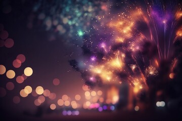 Poster - a fireworks display with blurry lights in the background and a blurry background seaside boardwalk i