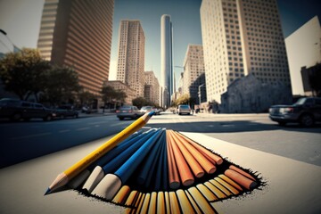 Poster - A Pencil Drawing A City Street With Tall Buildings In The Background Urban Street Photorealism Urban Planning Generative AI 