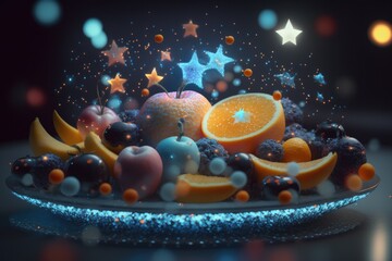 Poster - A Plate Of Fruit With Stars And Bubbles On It And A Star In The Background Lunar Landscape Animation Motion Graphics Generative AI 
