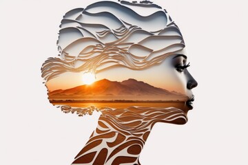 Poster - a woman's head with a mountain in the background and a sunset in the distance desert sand dunes at s