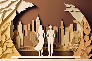 Poster - A Paper Cut Of Two People Standing In Front Of A City Art Deco Building Paper Cutting Book Design