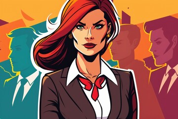 Poster - A Woman With Red Hair And A Suit On Surrounded By Other People Law Office Animation Data Analysis