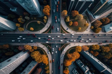 Poster - A View Of A City Intersection From Above With Cars And Trucks Urban Street Aerial Photography Aerial Photography Generative AI 
