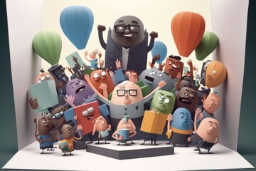 Fototapete - A Group Of People Standing Around Each Other With Balloons In The Air Car Dealership Animation Crowdfunding Generative AI 