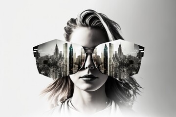Poster - A Woman With A Pair Of Glasses On Her Face And A City Skyline Behind Her Modern Urban Skyline Stereoscopic Photography Urban Life Generative AI 