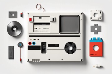 Poster - A White Electronic Device Surrounded By Other Electronics And Accessories On A White Surface Workshop Assemblage Industrial Design Generative AI 