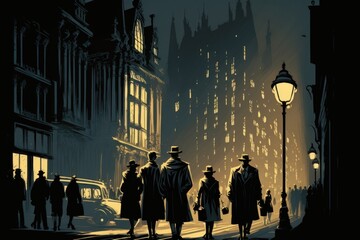 Poster - A Group Of People Walking Down A Street At Night In A City City Street At Night Animation Costume Design
