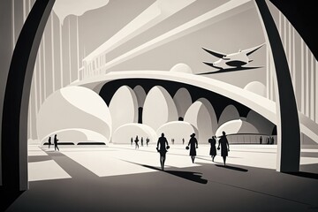 Poster - A Black And White Photo Of People Walking In A City With A Plane Flying Overhead Art Deco Building Art Deco Architectural Design Generative AI 