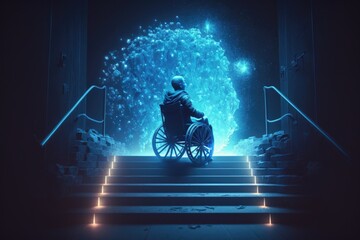 Poster - a man in a wheelchair going down a flight of stairs with a spiral vortex in the background aquarium 