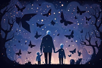Poster - A Man And A Child Are Standing In The Dark Under A Night Sky With Butterflies Zoo Animation Retirement Planning Generative AI 