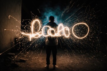 Fototapete - A Person Holding A Sparkler In The Dark With The Word Sparkle Written In It Workshop Long Exposure Photography Talent Acquisition Generative AI 
