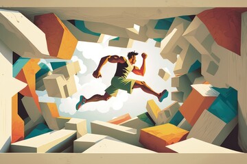 Poster - A Man Running Through A Tunnel Of Rocks With A Sky Background Construction Site Advertising Photography Advertising Design Generative AI 
