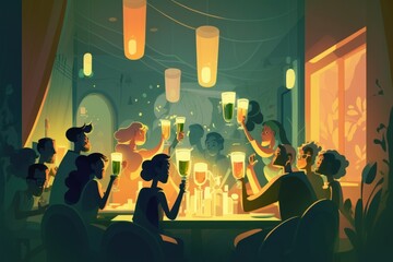 Poster - A Group Of People Sitting Around A Table With Drinks In Front Of Them Restaurant Animation Crowdfunding Generative AI 