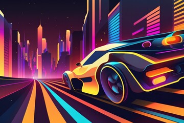 Poster - a car driving down a city street at night with neon lights city street at night graphic design autom