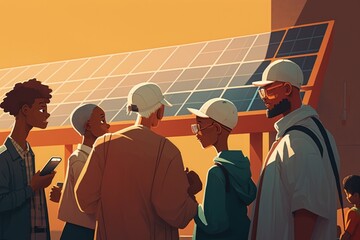 Poster - A Group Of People Standing Around Each Other In Front Of A Solar Panel Solar Farm Environmental Art Impact Investing Generative AI 