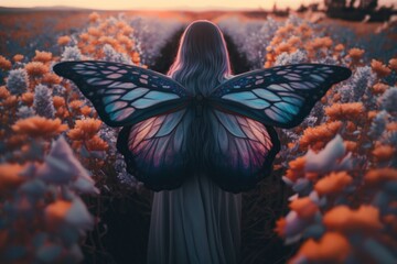 Poster - A Woman With A Butterfly Wings Standing In A Field Of Flowers Tundra Fine Art Photography Fine Art Photography Generative AI 
