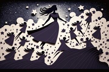 Poster - A Paper Cut Of A Woman In A Dress And Stars Flying Dance Studio Paper Cutting Vocal Performance