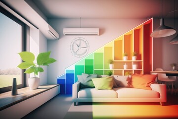 Poster - a room with a couch a table a clock and a window living room environmental art heating and cooling s