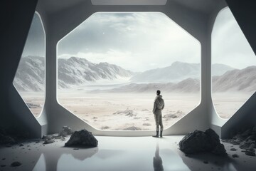 Wall Mural - A Man Standing In A Futuristic Looking Area With Mountains In The Background Lunar Landscape Video Art Set Design Generative AI 