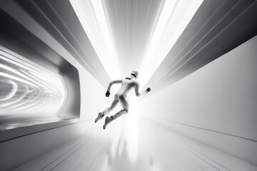 Fototapete - A Man In A White Suit Is Running Through A Tunnel Of Light Alpine Ski Run Infrared Photography Black And White Photography Generative AI 