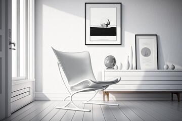 Poster - A White Chair Sitting In A Room Next To A Window And A Dresser Living Room Photorealism Interior Photography