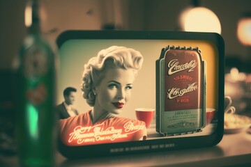 Poster - A Mirror With A Picture Of A Woman Holding A Cup Of Coffee Kitchen Advertising Photography Commercial Photography Generative AI 