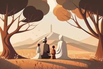 Poster - A Painting Of Three People Standing In A Forest With A Cross In The Background Monument Animation Monuments Generative AI 