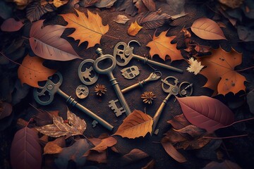 Set of antique keys arranged on a bed of autumn leaves in a park, concept of Antiquity and Nature's beauty, created with Generative AI technology