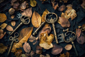 Set of antique keys arranged on a bed of autumn leaves in a park, concept of Antiquity and Nature's beauty, created with Generative AI technology