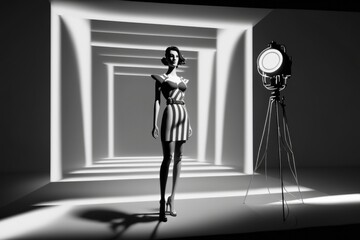 Poster - A Woman In A Short Dress Standing In Front Of A Camera Art Deco Building Video Art Set Design