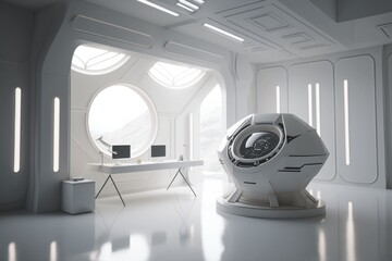 Poster - A Futuristic Office With A Large Round Window And A Desk With A Computer Conference Room Photorealism Set Design Generative AI 