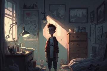 Poster - A Boy Standing In A Messy Room With A Messy Desk And A Lamp Bedroom Animation Animation