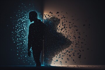Fototapete - A Man Standing In Front Of A Wall With A Lot Of Birds Flying Around Workshop Video Art Data Analytics Generative AI 