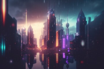 Poster - A Futuristic City With A Lot Of Tall Buildings And A Lot Of Lights City Skyline Animation Cities Generative AI 