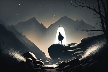 Aufkleber - A Man Standing On A Mountain Looking At The Sky At Night Mountain Digital Art Adventure