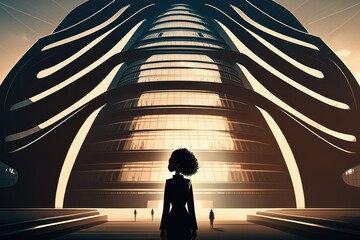 Poster - a woman standing in front of a tall building with a sky background modern urban skyline art deco arc