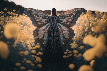 Poster - A Woman Standing In A Field Of Flowers With A Butterfly On Her Back Desert Fine Art Photography Fine Art Photography Generative AI 