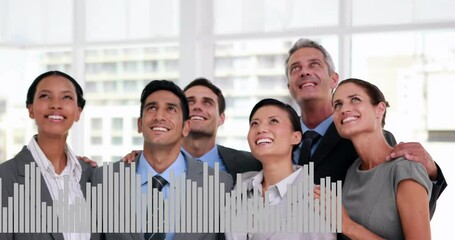 Poster - Animation of graph over smiling diverse coworkers holding shoulders and looking up in office