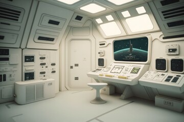 Poster - A Computer Screen In A Room With A Table And Chairs In It Lunar Landscape Animation 3d Modeling Generative AI 