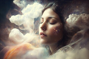 Poster - A Woman With Her Eyes Closed And Her Eyes Closed Surrounded By Clouds Tundra Fine Art Photography Energy Healing Generative AI 