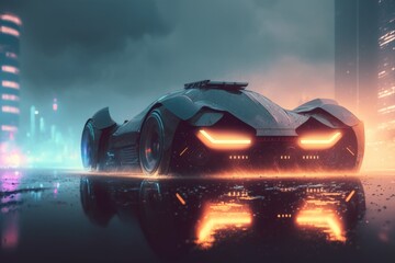 Poster - A Futuristic Car With Glowing Eyes And A City In The Background Gas Station Photorealism Automotive Design