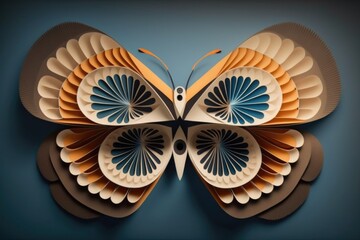 Fototapete - A Paper Butterfly With A Blue Center On A Blue Background With A Black Background Zoo Origami Book Design Generative AI 